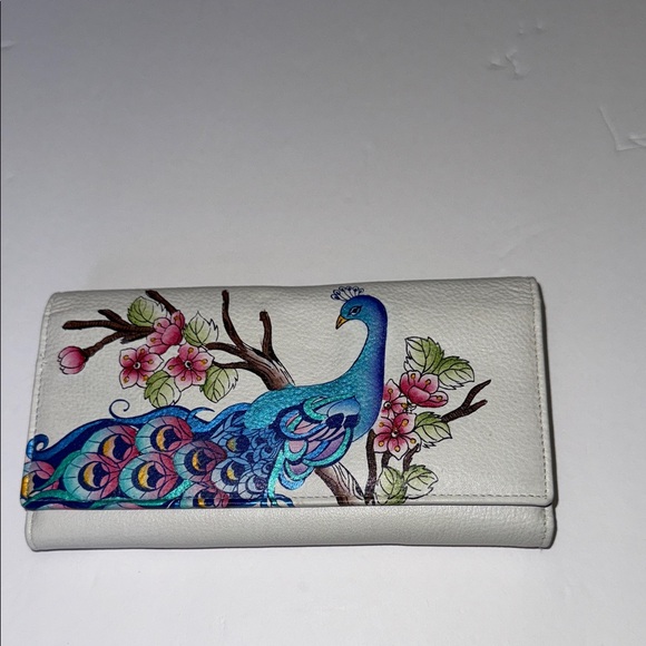 Anuschka Handbags - Anuschka White Wallet with Blue Peacock and Pink Floral Design